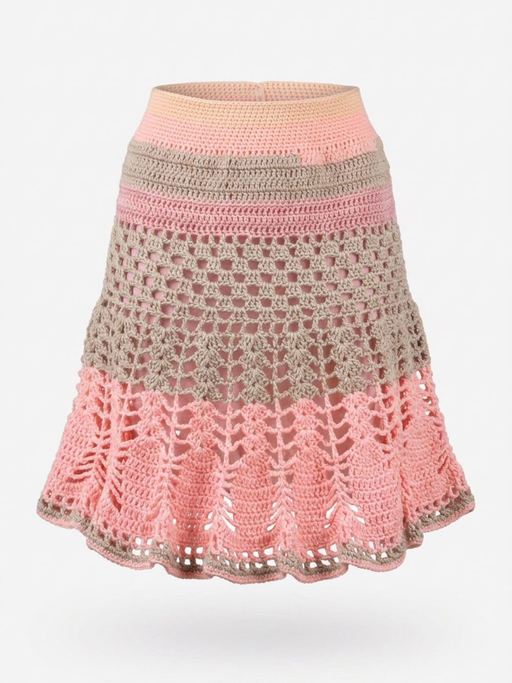 Handcrafted Crochet Skater Skirt in Pink and Taupe